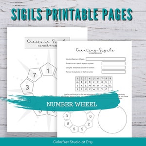 May include: Printable pages for creating sigils using a number wheel. The pages include instructions for shortening a statement of desire, calculating numbers using a chart, and removing duplicates. The number wheel is a circle with numbers 1 through 9 arranged in a specific order.