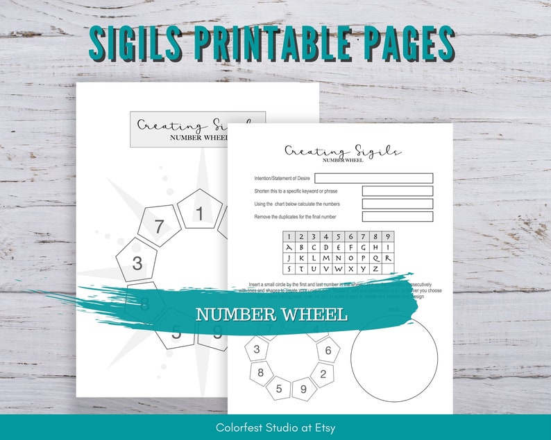 May include: Printable pages for creating sigils using a number wheel. The pages include instructions for shortening a statement of desire, calculating numbers using a chart, and removing duplicates. The number wheel is a circle with numbers 1 through 9 arranged in a specific order.
