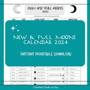 New and Full Moons Calendar 2024 Instant Printable Download for your Grimoire Book of Shadows. image 1