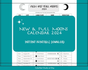 New and Full Moons Calendar 2024  Instant Printable Download for your Grimoire Book of Shadows.