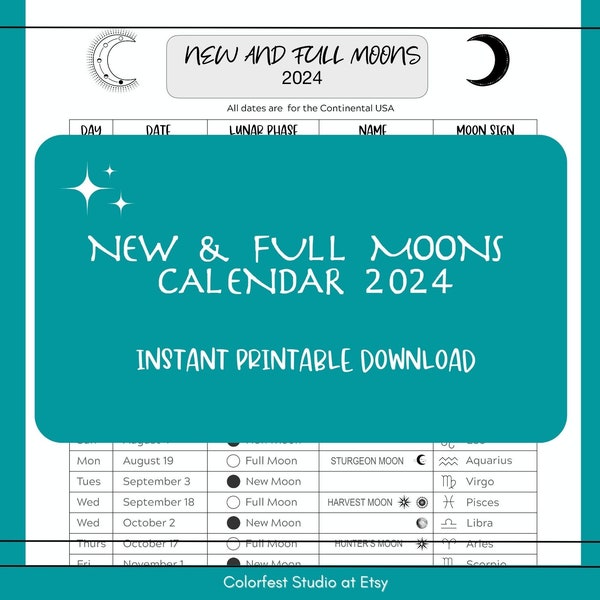 New and Full Moons Calendar 2024  Instant Printable Download for your Grimoire Book of Shadows.