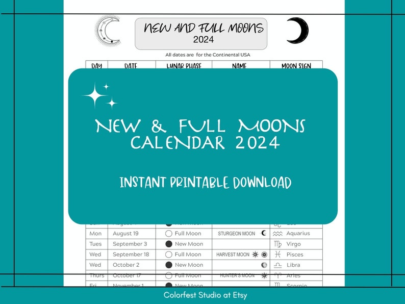 New and Full Moons Calendar 2024 Instant Printable Download for your Grimoire Book of Shadows. image 1