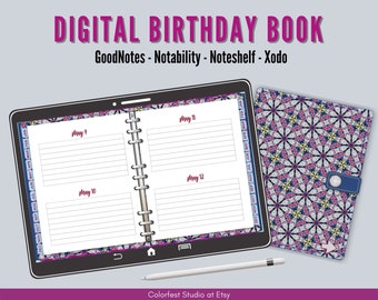 Digitale verjaardagstracker en kalender met tabbladen. Jubileumplanner Datumbewaarderlogboek en herinnering voor GoodNotes, Notability, Noteshelf iPad.