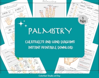 Palmistry Book Printable Pages for Grimoire Book of Shadows. Basic Palm Reading Cheat Sheets and Hand Diagrams