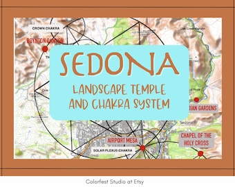 Sedona landschapstempel en chakrasysteem. Heilige geometrie van pentagram- en hexagrampatronen die formaties verbinden. Direct afdrukbare download