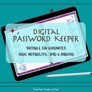 Digital Password Tracker, Password Keeper Log with Hyperlinked Tabs for GoodNotes,  Notability, Noteshelf, Xodo, iPad & Android Notebook