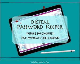 Digital Password Tracker, Password Keeper Log with Hyperlinked Tabs for GoodNotes,  Notability, Noteshelf, Xodo, iPad & Android Notebook