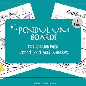 May include: Three printable pendulum boards with a crystal theme. The boards are black and white with a circular design and include the words "Yes", "No", "Maybe", and "Rephrase".