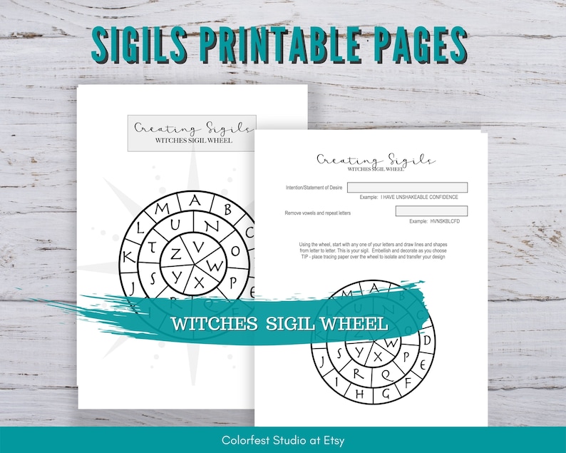 May include: Printable pages for creating sigils using a witch's sigil wheel. The pages include instructions for creating sigils, an example of a sigil, and a wheel with letters arranged in a circle.