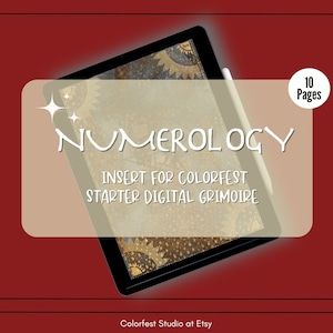 May include: A digital tablet displaying a 10-page numerology insert for a starter digital grimoire. The tablet is on a red background with a white stylus and a white circle with the text "10 Pages". The text "NUMEROLOGY" is in white and the text "INSERT FOR COLORFEST STARTER DIGITAL GRIMOIRE" is in white.