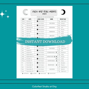 New and Full Moons Calendar 2024 Instant Printable Download for your Grimoire Book of Shadows. image 2