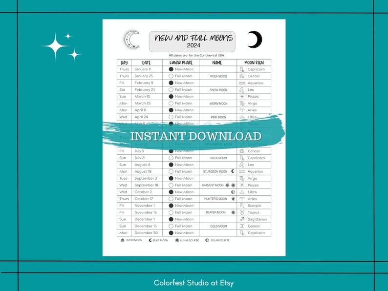 New and Full Moons Calendar 2024 Instant Printable Download for your Grimoire Book of Shadows. image 2