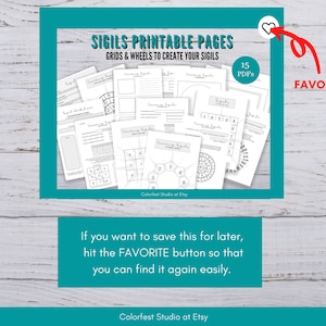 May include: A printable PDF pack of 15 pages with grids and wheels to create sigils. The pages are black and white and feature various designs, including circles, squares, and grids. The text "SIGILS PRINTABLE PAGES" and "GRIDS & WHEELS TO CREATE YOUR SIGILS" is at the top of the image. The text "15 PDFs" is in the top right corner of the image. The text "FAVORITE" is in the bottom right corner of the image.