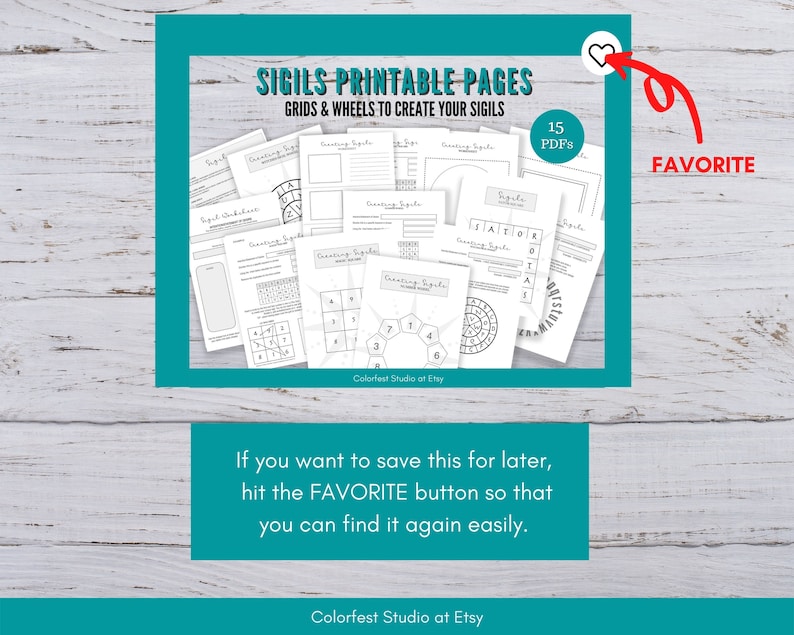 May include: A printable PDF pack of 15 pages with grids and wheels to create sigils. The pages are black and white and feature various designs, including circles, squares, and grids. The text "SIGILS PRINTABLE PAGES" and "GRIDS & WHEELS TO CREATE YOUR SIGILS" is at the top of the image. The text "15 PDFs" is in the top right corner of the image. The text "FAVORITE" is in the bottom right corner of the image.
