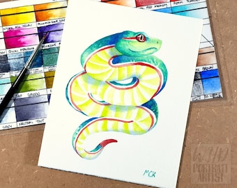 Pope's Pit Viper - Cute original snake watercolour painting, kawaii reptile illustration artwork by Wild Portrait Artist