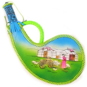 Color Mongolian Vintage Genuine Real Leather Wine Water Bag bota Handmade RARE Paint ox hide folk girl Yurt Grassland Prairie Cart Green