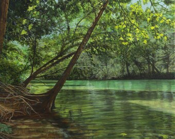 Buffalo River Acrylic Painting, Realistic Green Landscape, 24 x 18 in. Stretched Canvas