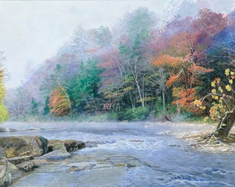 Buffalo River Acrylic Painting: Steel Creek Mist Landscape (20x36 inches)