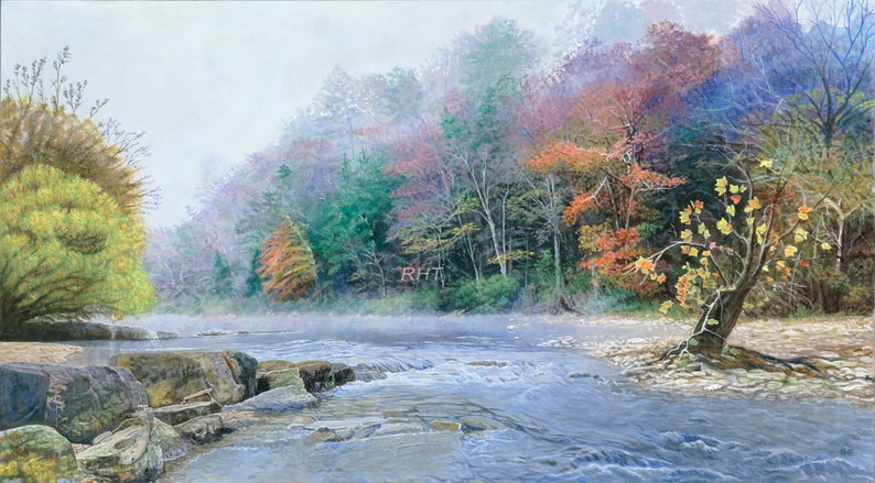 Buffalo River, Steel Creek Mist, 20 x 36 inches, Original Acrylic Painting by Roxanne Thompson image 1