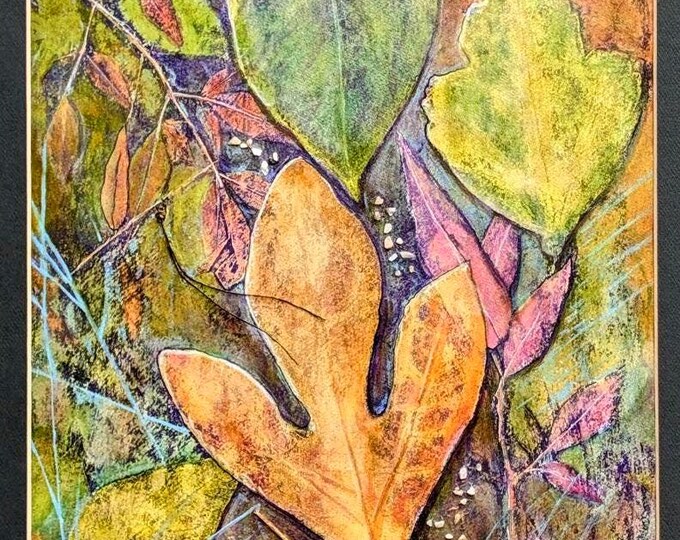Leaves and Pieces, Leaf Gelli Print, Multi-Media Acrylic Painting by Roxanne Thompson, 11 x 14 inches