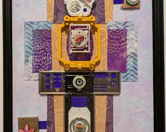 Techno Totem 2, Mixed Media Collage, Recycled Trash, 11 x 14 in.