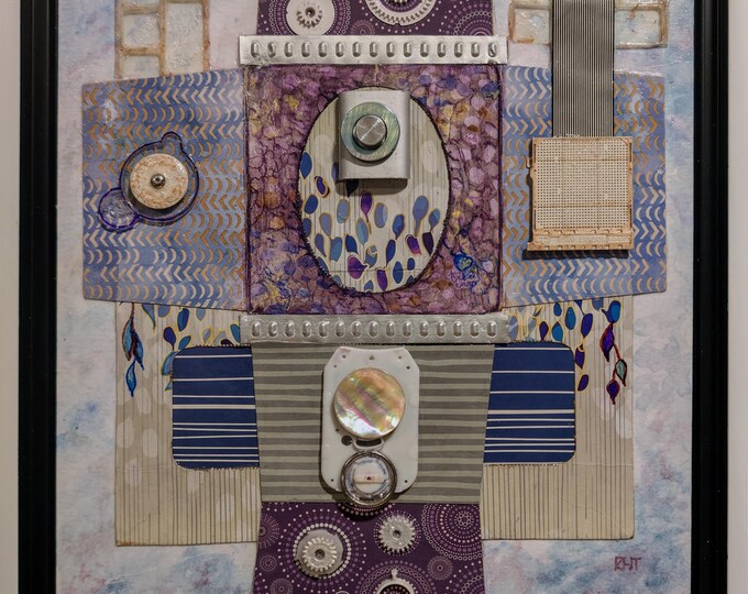 Techno Totem 1, Mixed Media Painting, Art From Trash, 11 x 14 in.