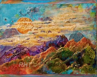 Two Moons Rising, 12 x 16 in., Mixed Media Painting by Roxanne Thompson