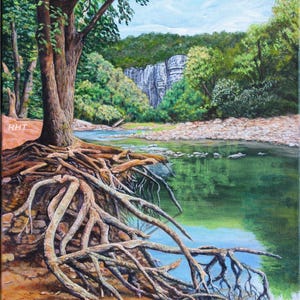 May include: An oil painting depicts a serene landscape with a river and waterfall. A large tree with exposed roots dominates the foreground. The water reflects the surrounding green foliage and blue sky. The artist's initials, "RHT", are visible in the lower left corner.