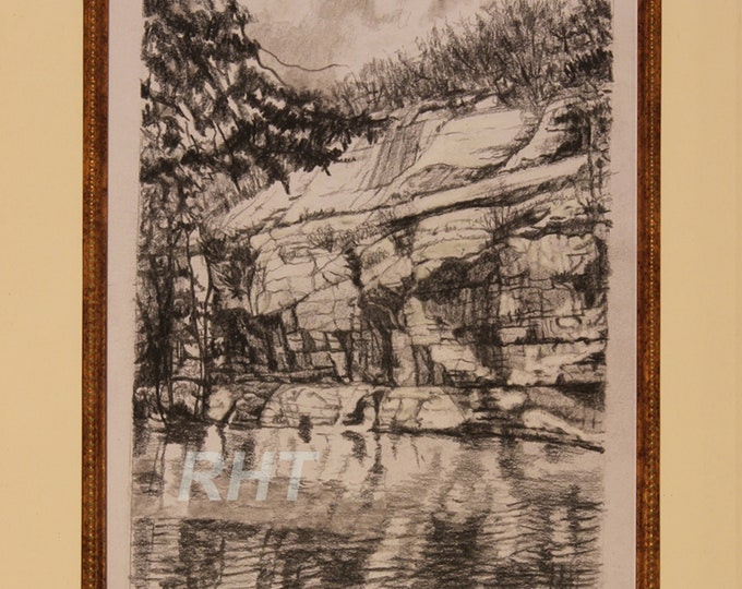 Pruitt Cliff Drawing, Matted, 11 x 14 in., Original Matted Graphite Drawing and Prints by Roxanne Thompson
