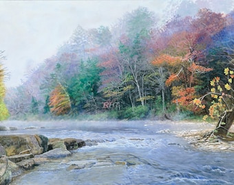 Buffalo River Acrylic Painting: Steel Creek Mist Landscape (20x36 inches)