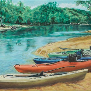 Kayaks on the Buffalo,  11 x 14 in., original giclee print by  Roxanne Thompson