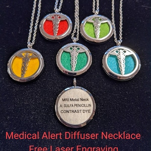 Medical Alert Diffuser Necklace.  FREE LASER ENGRAVING