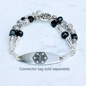 Interchangeable medical ID bracelet.  Black glass beads with silver plated multi texture beads