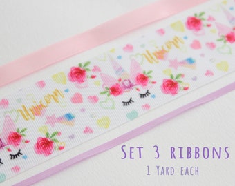 Set 3 Ribbons, 1 Yard Unicorn Grosgrain Ribbon + 1 Yard Pink Satin Ribbon + 1 Yard Purple Satin Ribbon, Hair Bow Supplies, Printed Ribbon