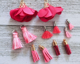 12x Fuchia Mini Tassels Pendants, Tiny Tassels, Jewelry Supplies, Tassel for Jewelry Making, Tassel with Ring, Pink Tassels, Pink Pendants