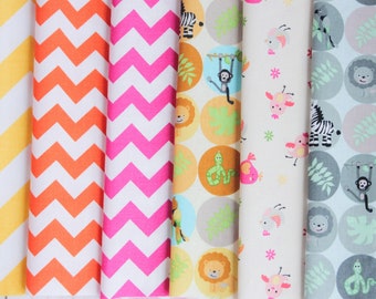 6x Cotton Fabric Cuts 8" x 8", Small Fabric Cuts, Chevron Cotton Fabric, Set Fabric Cotton, Printed Cotton, Pink Chevron, Animals Fabric