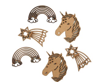 6x Wooden Unicorn Shapes, Wooden Shapes, Rainbow Shapes, Wooden Rainbow, Small Wooden Unicorn, Unfinished Wooden Cutout, Star Shapes