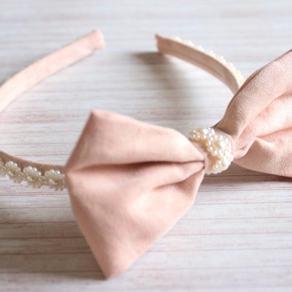 Perles de rose Bow bandeau, serre-tête, bandeau Beige, Rose bandeau, noeud saumon, Headband enfant, bandeau taille adulte, Headband mariage, Headband