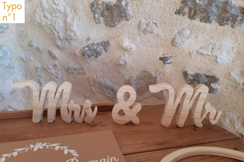 Mrs & Mr for your wedding, wooden table decoration. Made with a saw image 2