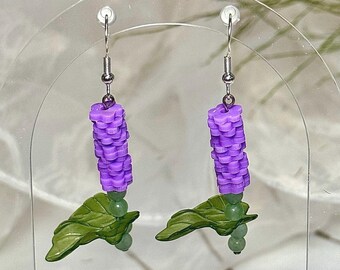 Hyacinth Flower Earrings | Aventurine Stems, Purple Blossoms & Leaf Charms