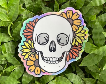 Skulls & Flowers Sticker | Holographic Vinyl Decal