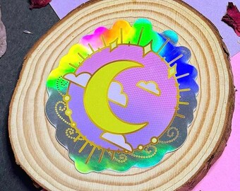 Moon & Clouds Crest Holographic Sticker | Whimsical Vinyl Decal