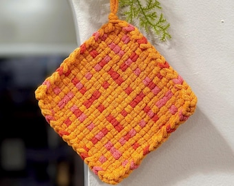 Handmade Woven Cotton Potholder | Sunny Orange & Pink Kitchen Decor