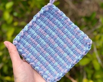 Handmade Woven Cotton Pot Holder | Pastel Blue Purple Pattern
