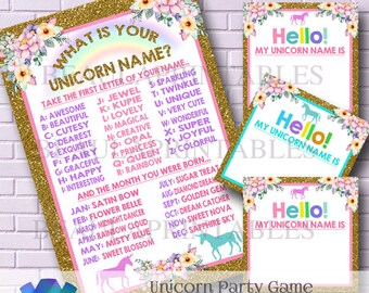 Unicorn Party Game, Unicorn Name Game, Printable Unicorn Name Badge, Party Printables, Unicorn Game, Unicorn Party Invite, Instant Download