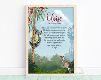 Custom Name Meaning Print - Watercolour Australiana Scene Theme - First Name - Personalised Name Meaning - Birthday Gift - Digital  Download