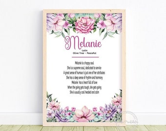 Custom Name Meaning Print - Watercolour Floral Theme - First Name Origin - Personalised Name Meaning - Birthday Gift - Digital  Download