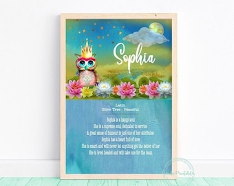 Custom Name Meaning Print, Moon Owl Theme, First Name Origin, Personalised Name Meaning, Birthday Gift, Digital Download