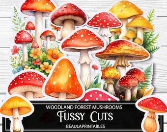 May include: Watercolor illustration of various mushrooms in shades of red, orange, and yellow, with white spots. The image includes the text "Woodland Forest Mushrooms" and "Fussy Cuts" on a black banner.