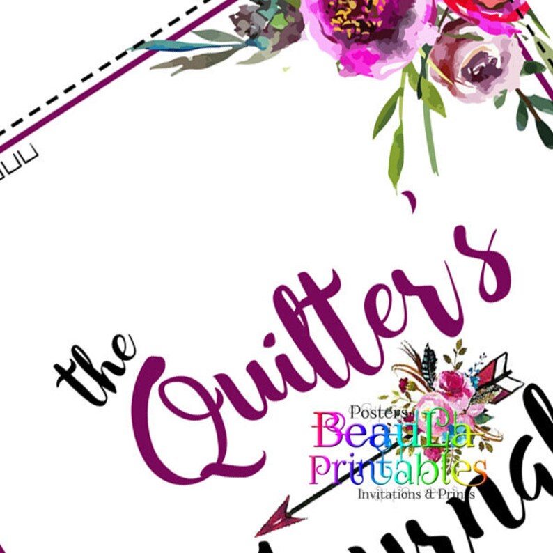 May include: A purple and black arrow with floral accents points to the text "the Quilter's" with a white background and a floral border.